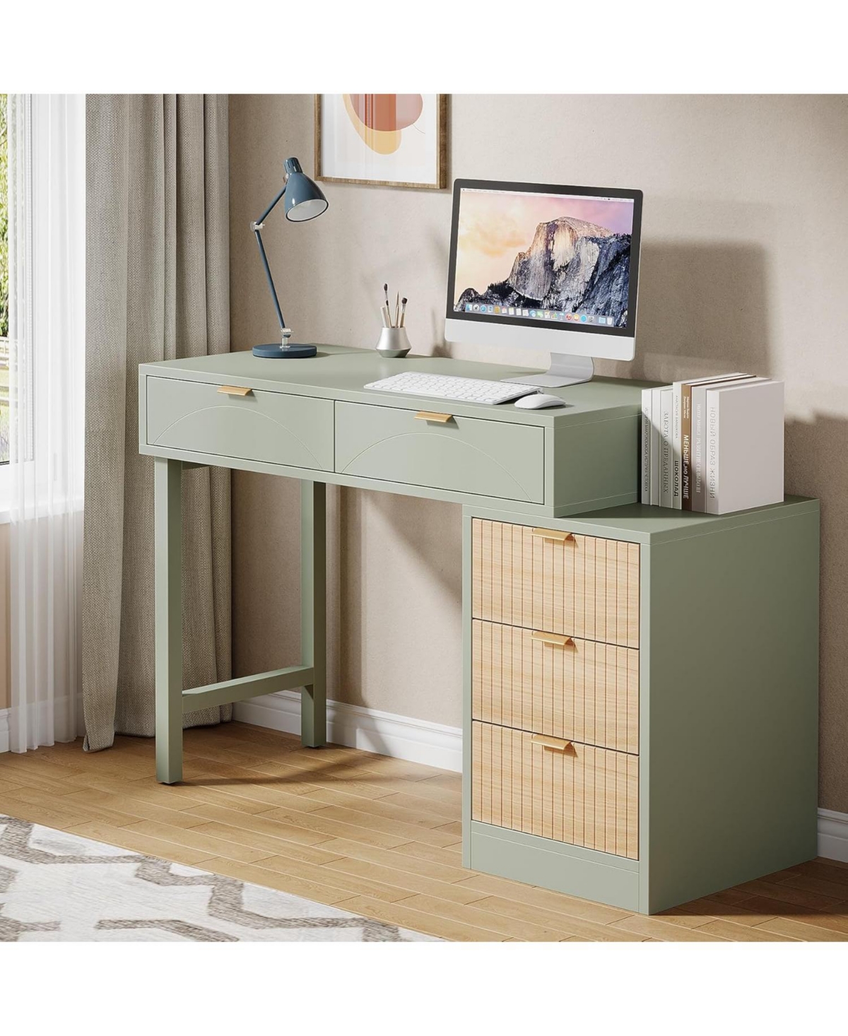 Tribesigns Computer Desk with 5 Drawers, Reversible Small Writing Desk with Storage, Modern Wooden Study Table Office Workstation
