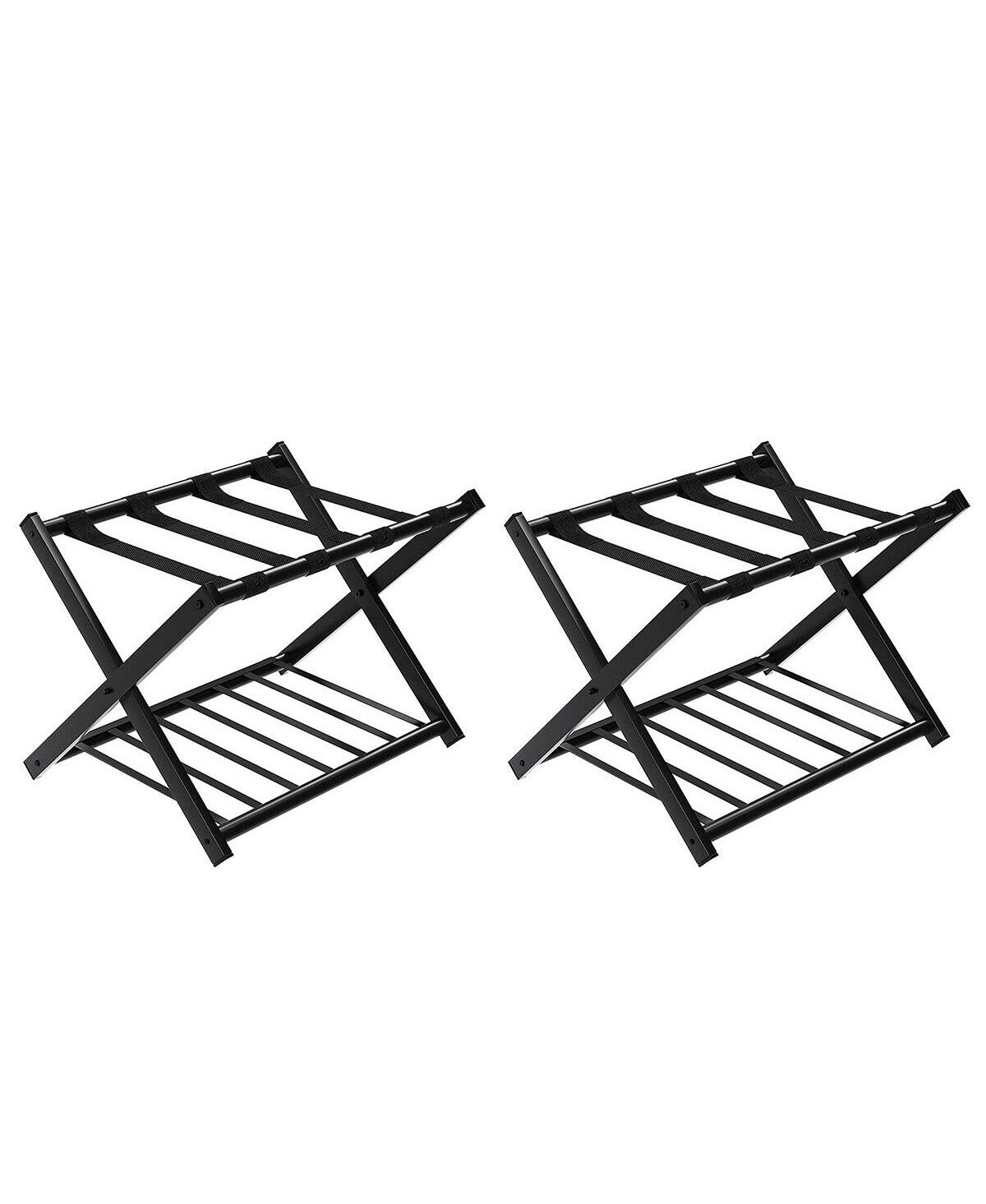 Set of 2 Folding Metal Luggage Racks with Storage Shelf and Non-Slip Feet - Black