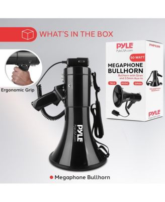 Megaphone PA Speaker with Siren, Handheld Mic & AUX Input - 50W, 1,700+ Yard Range