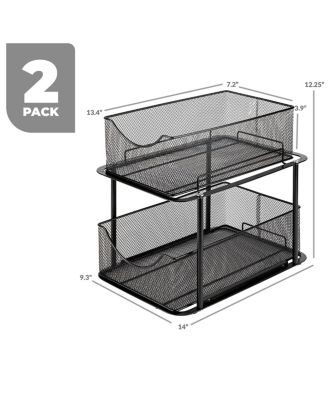 2 Pack 2 Tier Baskets with Mesh Sliding Drawers - Ideal Cabinet, Under the Sink, etc - Great for Bathroom, Kitchen, Office, etc. (Black)