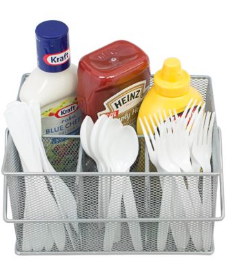 Mesh Utensil Caddy - Organize & Serve in Style! Perfect for Kitchen, Parties, and More. Multi-purpose with Compartments & Sturdy Handle -Silver