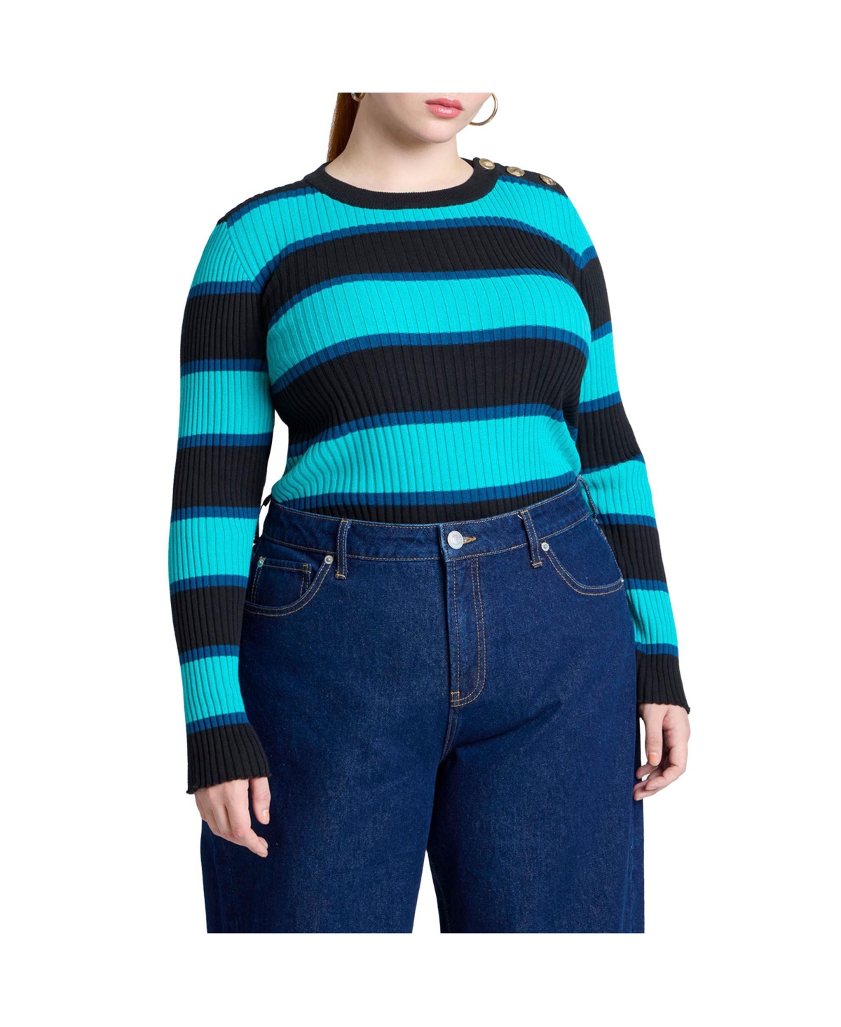 Women's Plus Size Hardware Detail Sweater - Dark moss stripes