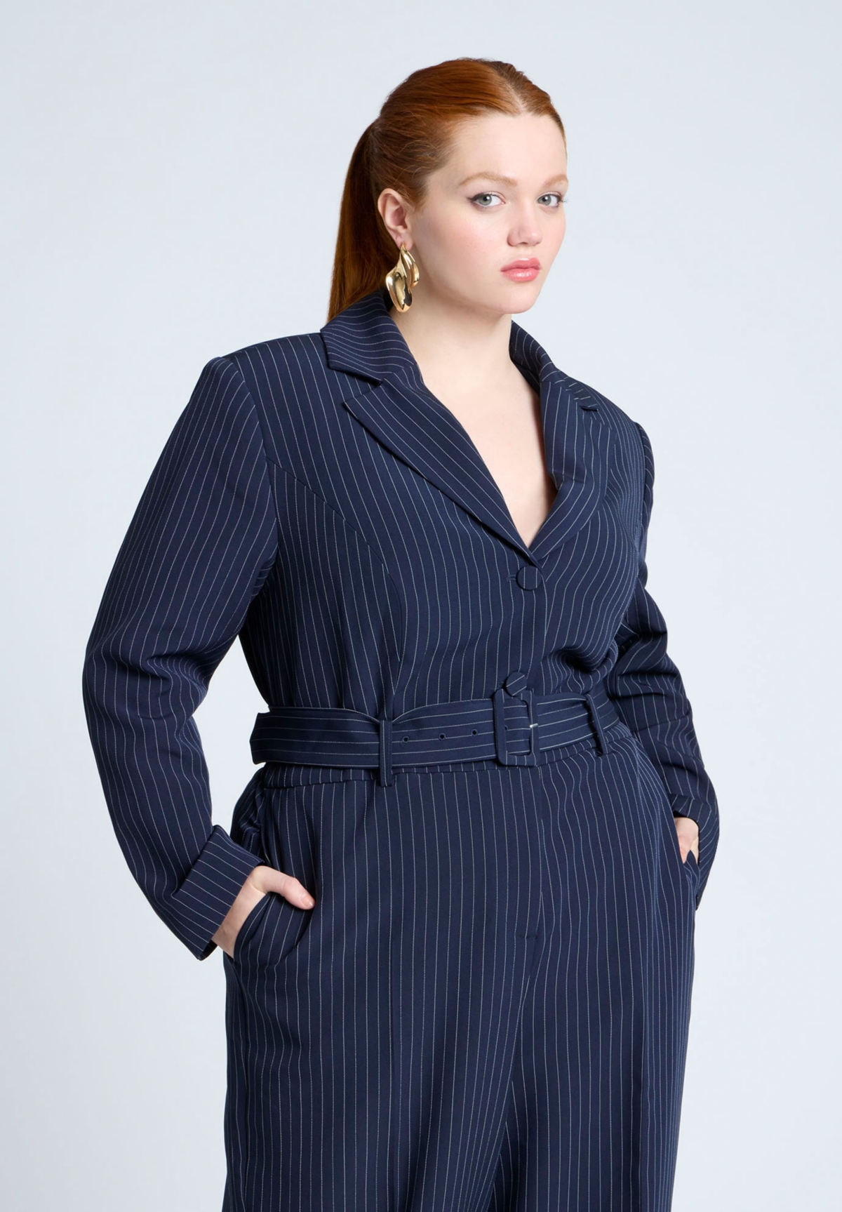 Eloquii Plus Size Pinstripe Jumpsuit With Belt