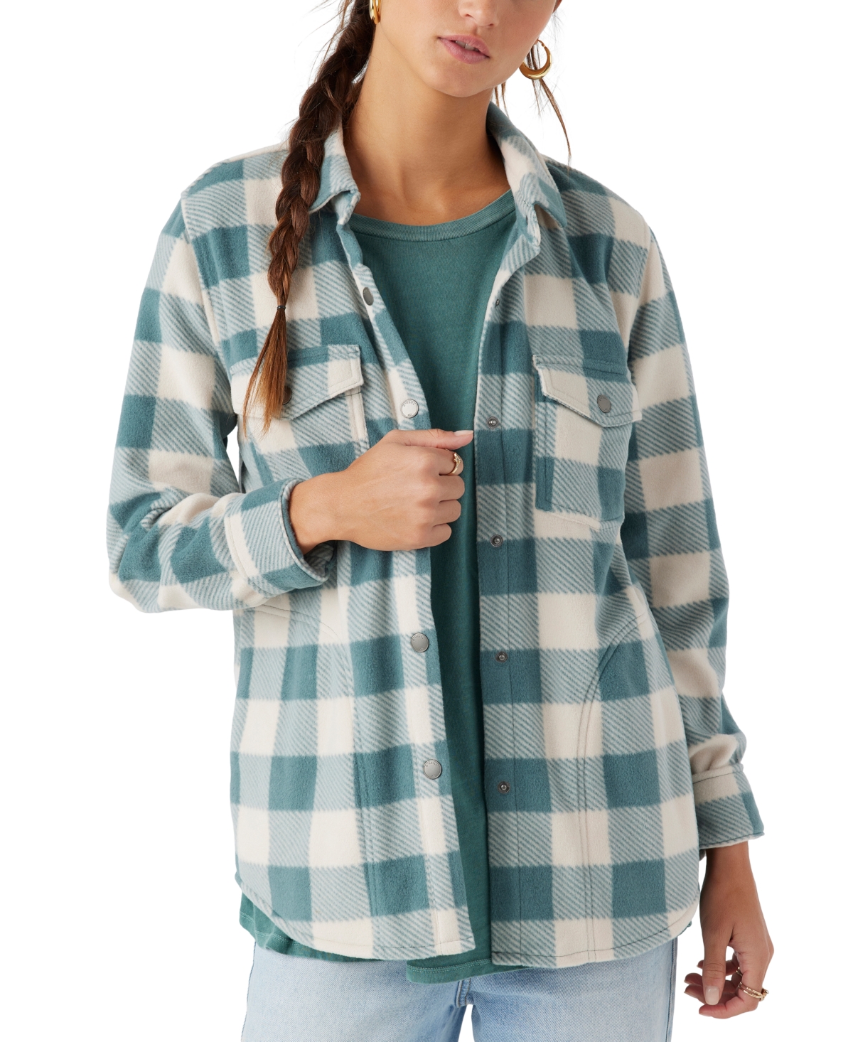 Juniors' Zuma Button-Front Plaid Sleeve Shirt - Silver Pine