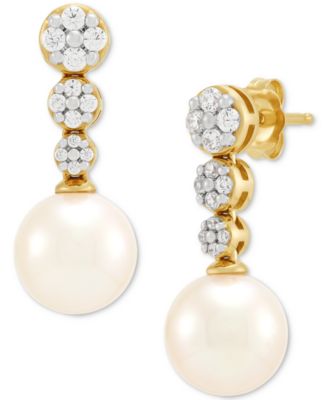 Cultured Ming Pearl (8mm) & Diamond (1/5 ct. t.w.) Graduated Cluster Drop Earrings in 14k Gold
