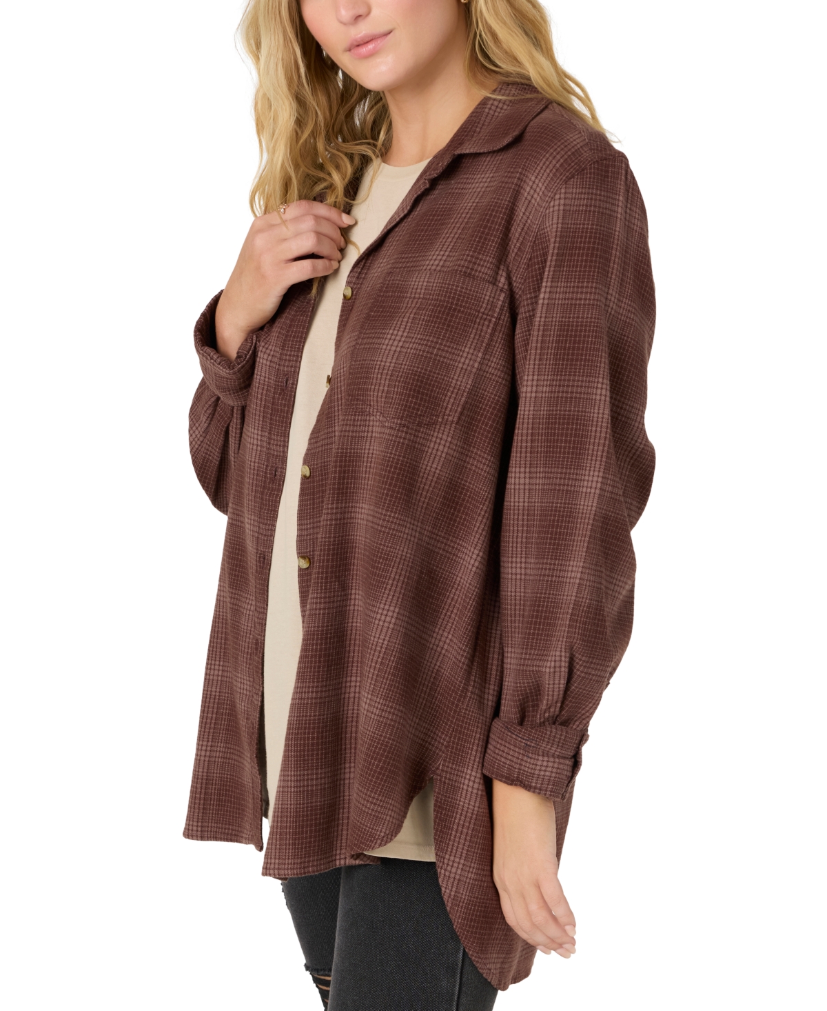 O'neill Juniors' Travys Plaid Print High-low-hem Cotton Shirt In Deep Taupe