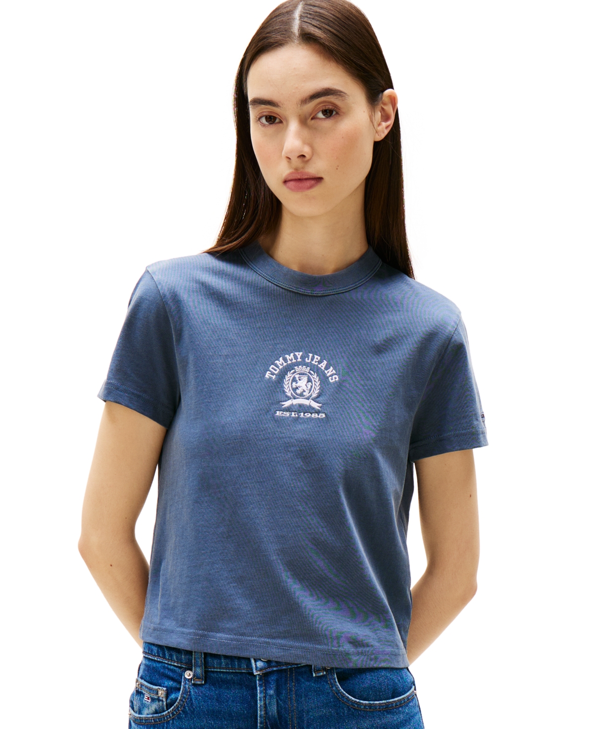 Shop Tommy Jeans Women's Cotton Varsity Crest Crewneck Tee In Dark Night Navy