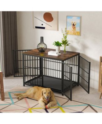 Furniture Style Wooden Dog Crate Pet Kennel End Table with Three Doors and Tray