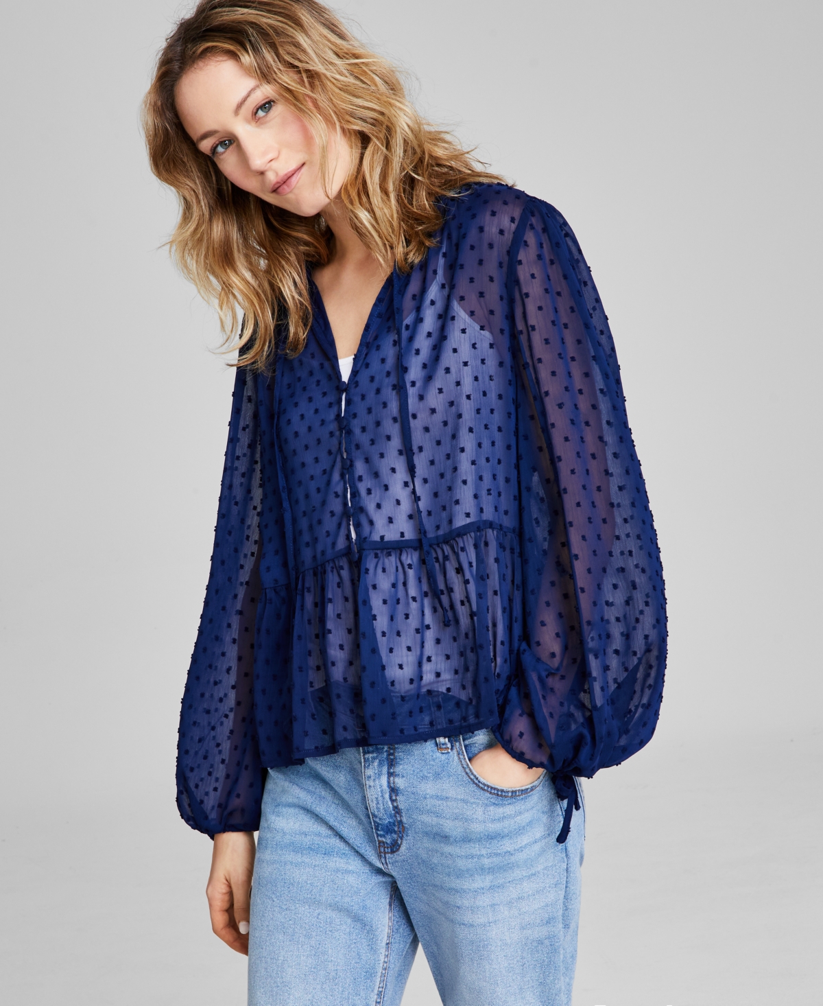Women's Clip-Dot Tie-Neck Button-Down Woven Blouse - Calla Lily