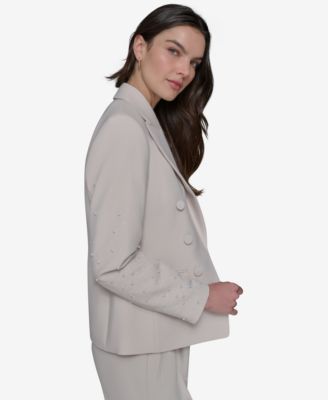 Women's Pearl-Embellished Peak-Lapel Open-Front Jacket