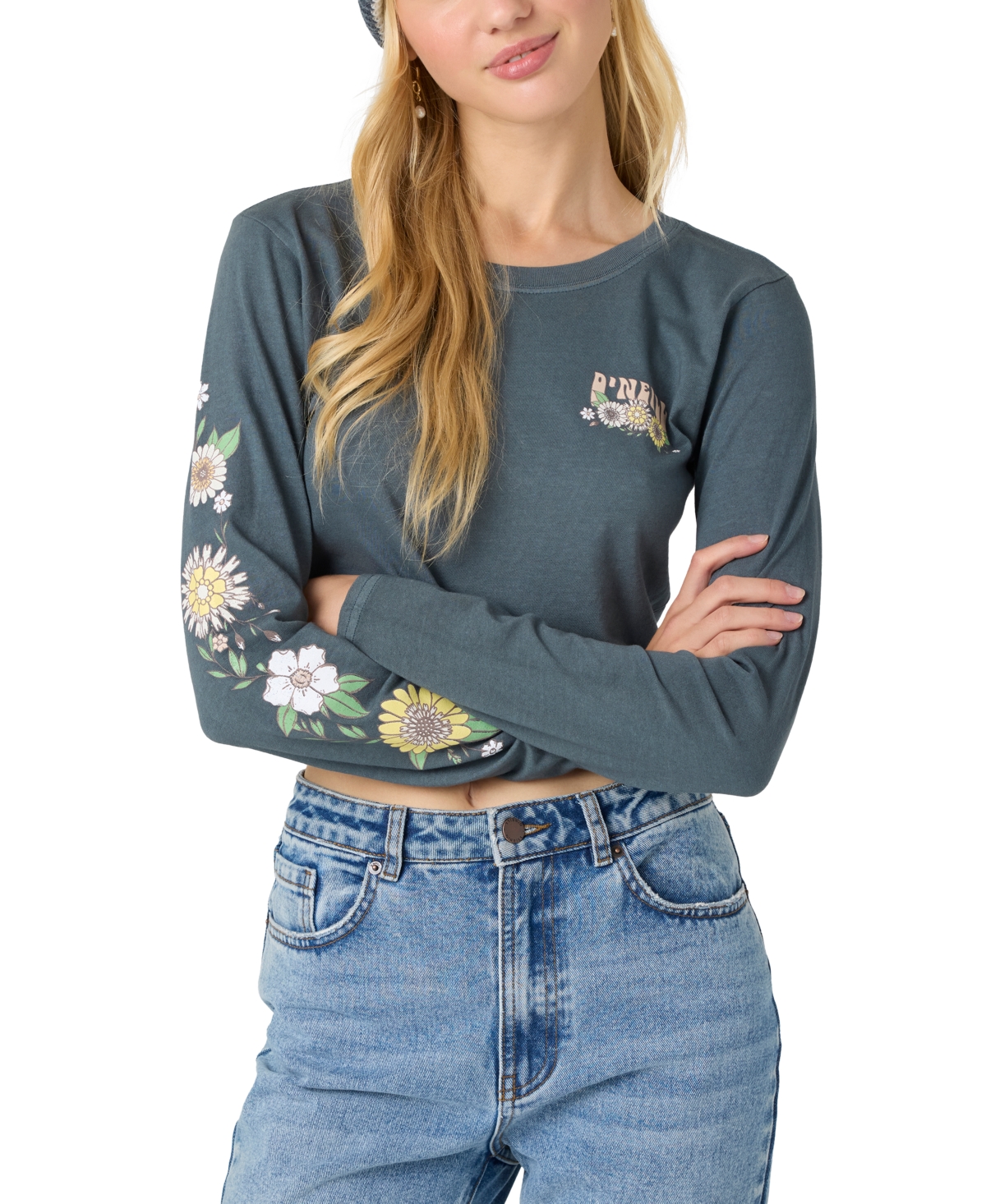 Juniors' Daisy Daze Cotton Long-Sleeve Top - Slate