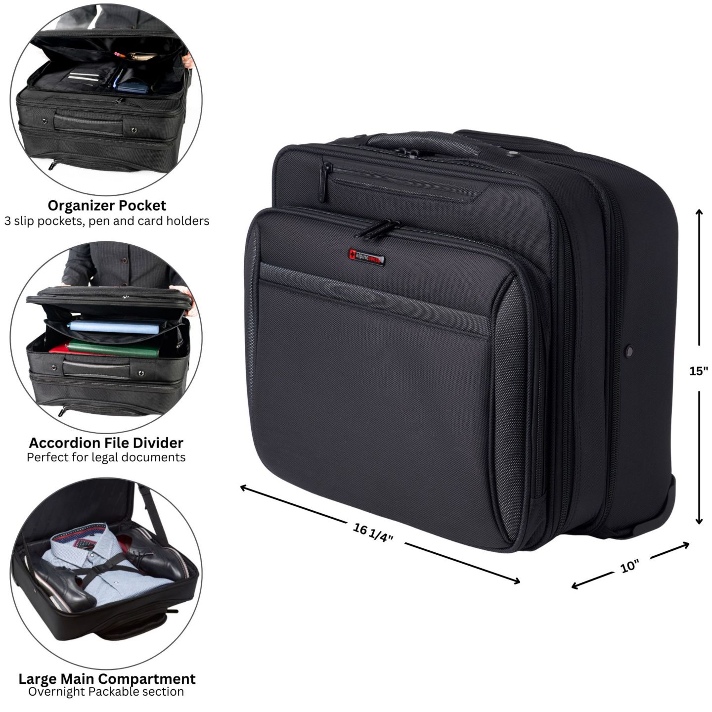 Женская сумка Alpine Swiss Rolling Briefcase Wheeled Overnight Carry on Bag up to 15.6” Laptop, цвет: Чёрный — фото 4
