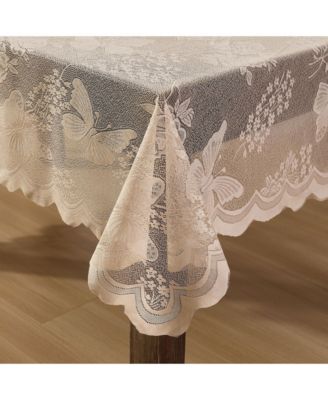 Butterfly Floral Lace Fabric Tablecloth, Lace Fabric Table Cloth for Round Tables, Wrinkle Resistant, Patterned Scalloped (60 W x 84 L Oval