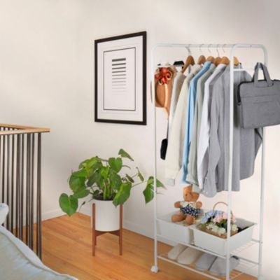 Metal Clothes Rack with Wheels: Portable Garment Organizer with Storage Shelves