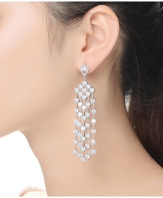 Sterling Silver White Gold Plated Cubic Zirconia Long Chandelier Earrings