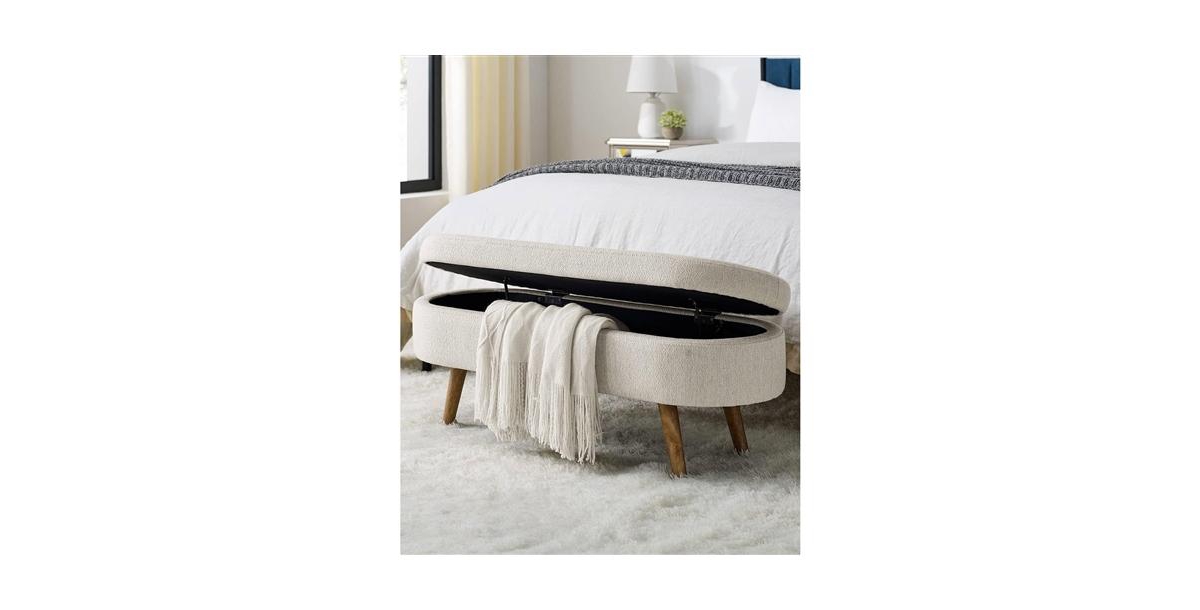 Slickblue Mid-Century Modern Boho Style Linen End of Bed Storage Bench with Wooden Legs