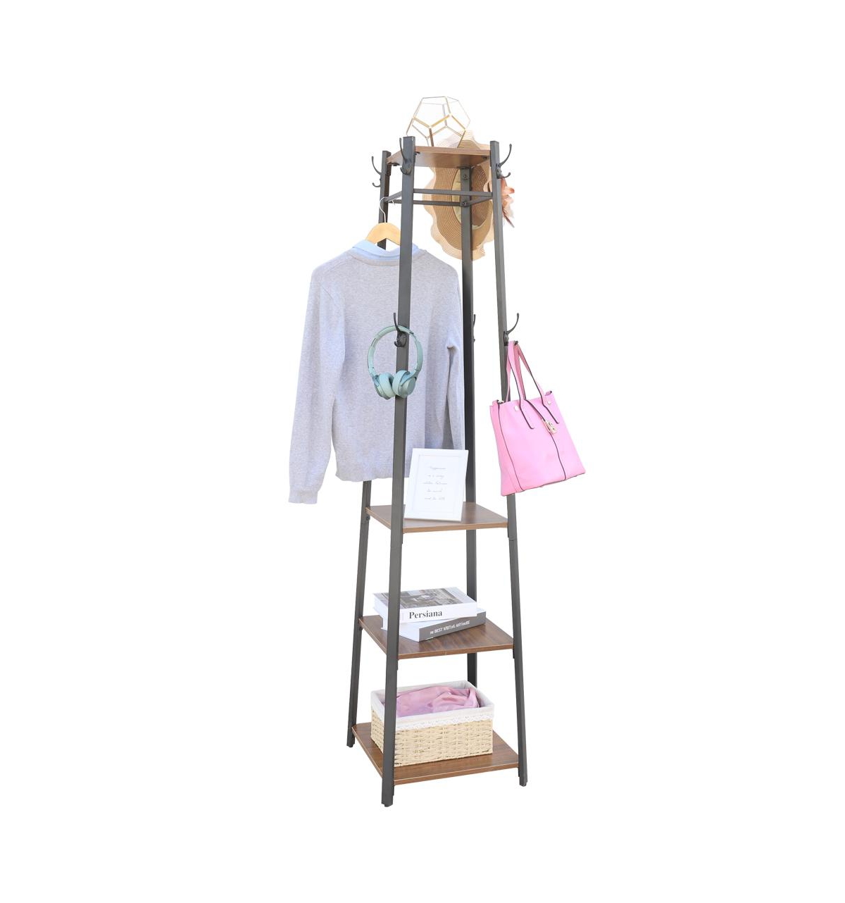 Vintage Clothes Stand: Metal Industrial Coat Rack Garments Storage Stand - Brown