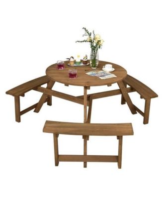 Round Picnic Table Set with Umbrella Hole and 3 Benches for Outdoor Dining and Relaxation