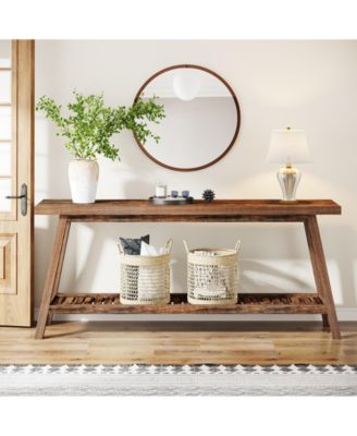 Tribsigns 63" Console Table with 2 Drawers, Farmhouse Wood Entryway Table with H-Shaped Sturdy Legs for Hallway, Living Room, Bedroom, Rustic Brown