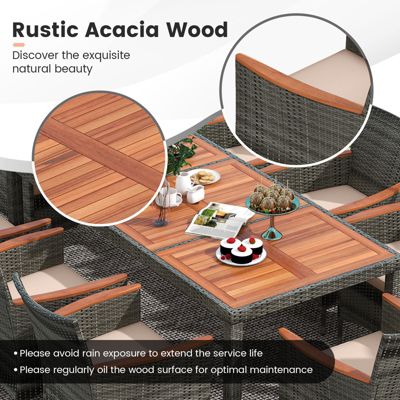 9 PCS Wicker Dining Set Patio Dining Furniture Set w/ Acacia Wood Table & 8 Armchairs