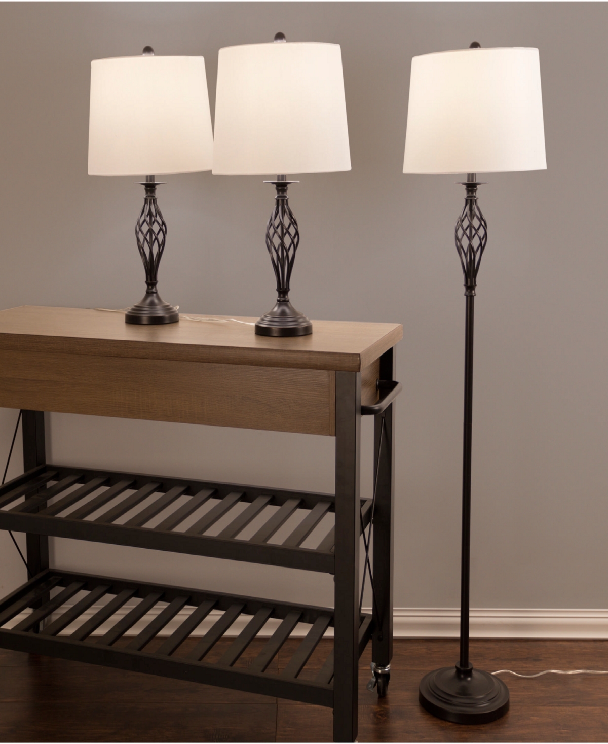 LAVISH HOME SPIRAL CAGE DESIGN TABLE AND FLOOR LAMP, SET OF 3 