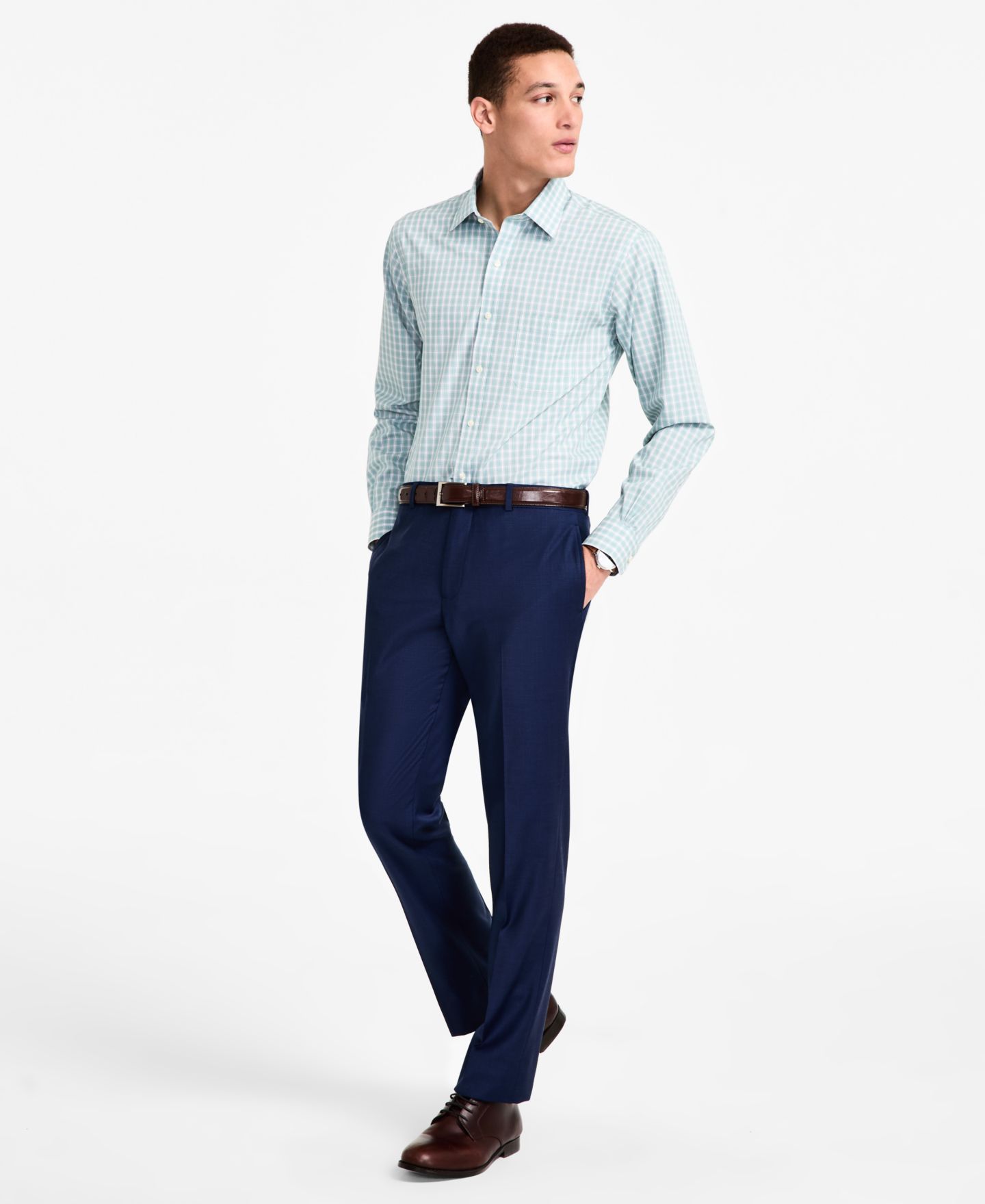 Мужская рубашка Brooks Brothers Regular-Fit Non-Iron Spread Collar Check Broadcloth Dress Shirt, цвет: Зелёный клетчатый — фото 2