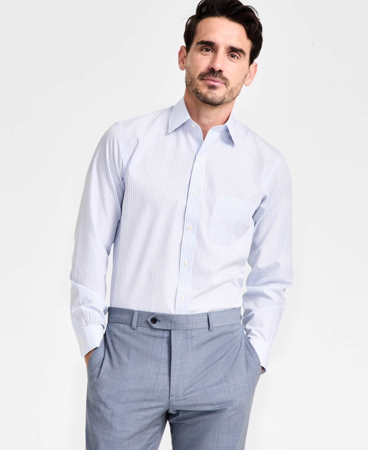 Men's Regular-Fit Non-Iron Spread Collar Stripe Broadcloth Dress Shirt - Light Blue