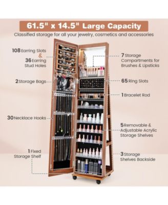64 Inches Lockable Jewelry Cabinet Armoire with Built-in Makeup Mirror