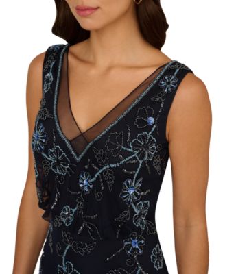 Women's V-Neck Beaded Sleeveless Midi Dress