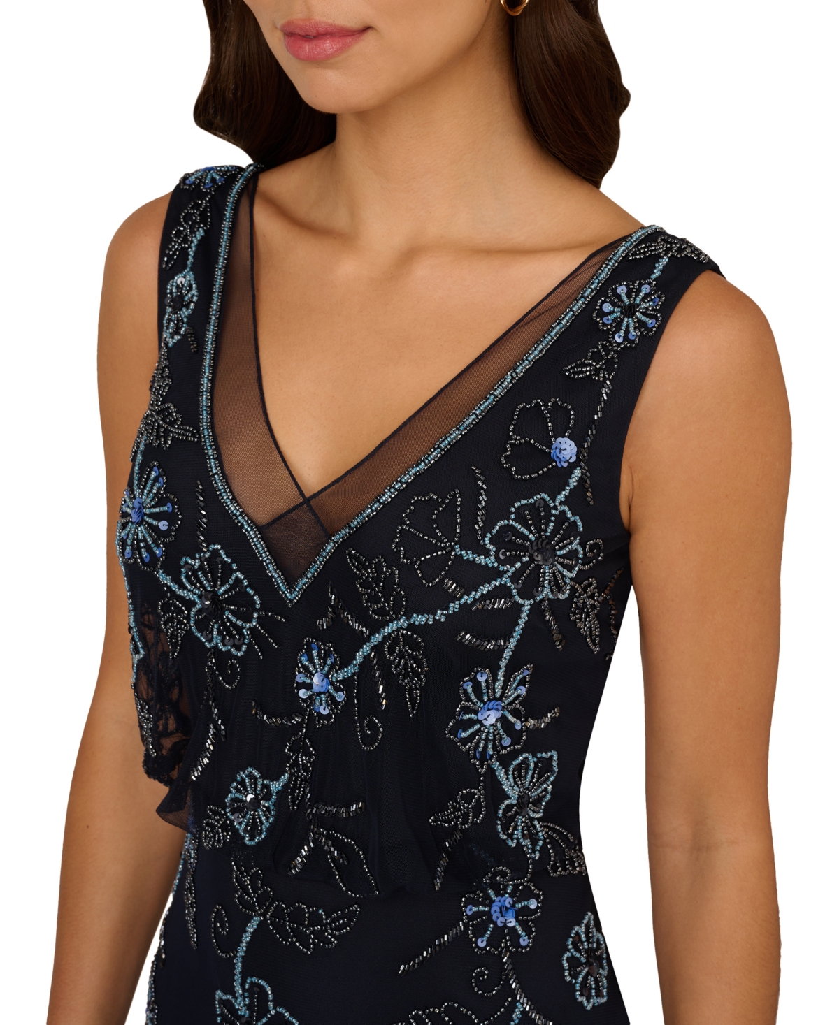 Shop Adrianna Papell Women's V-neck Beaded Sleeveless Midi Dress In Midnight Multi