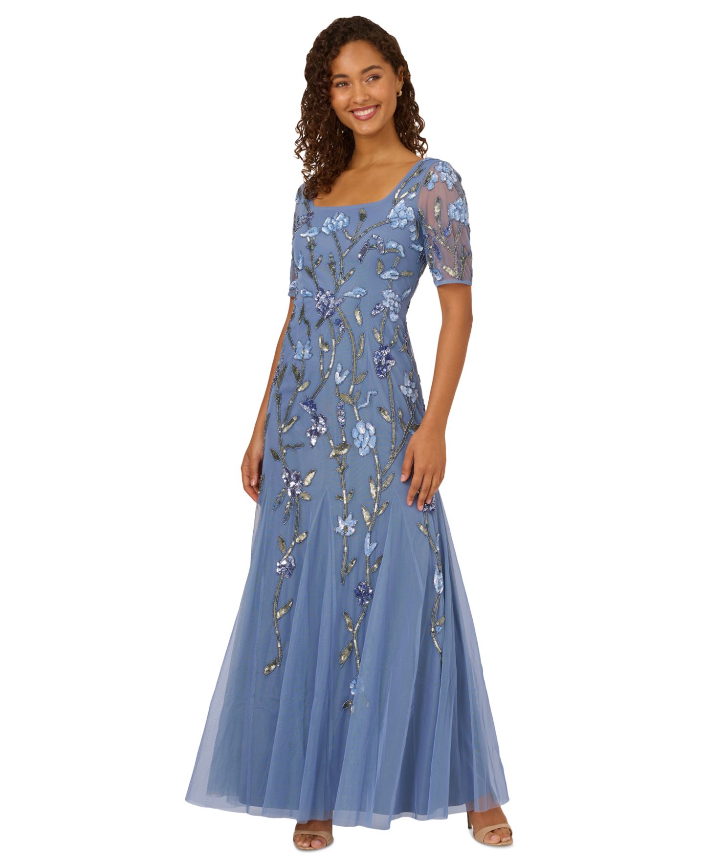 Женские платья Adrianna Papell Square-Neck Beaded Mesh Gown, цвет: Синий — фото 1