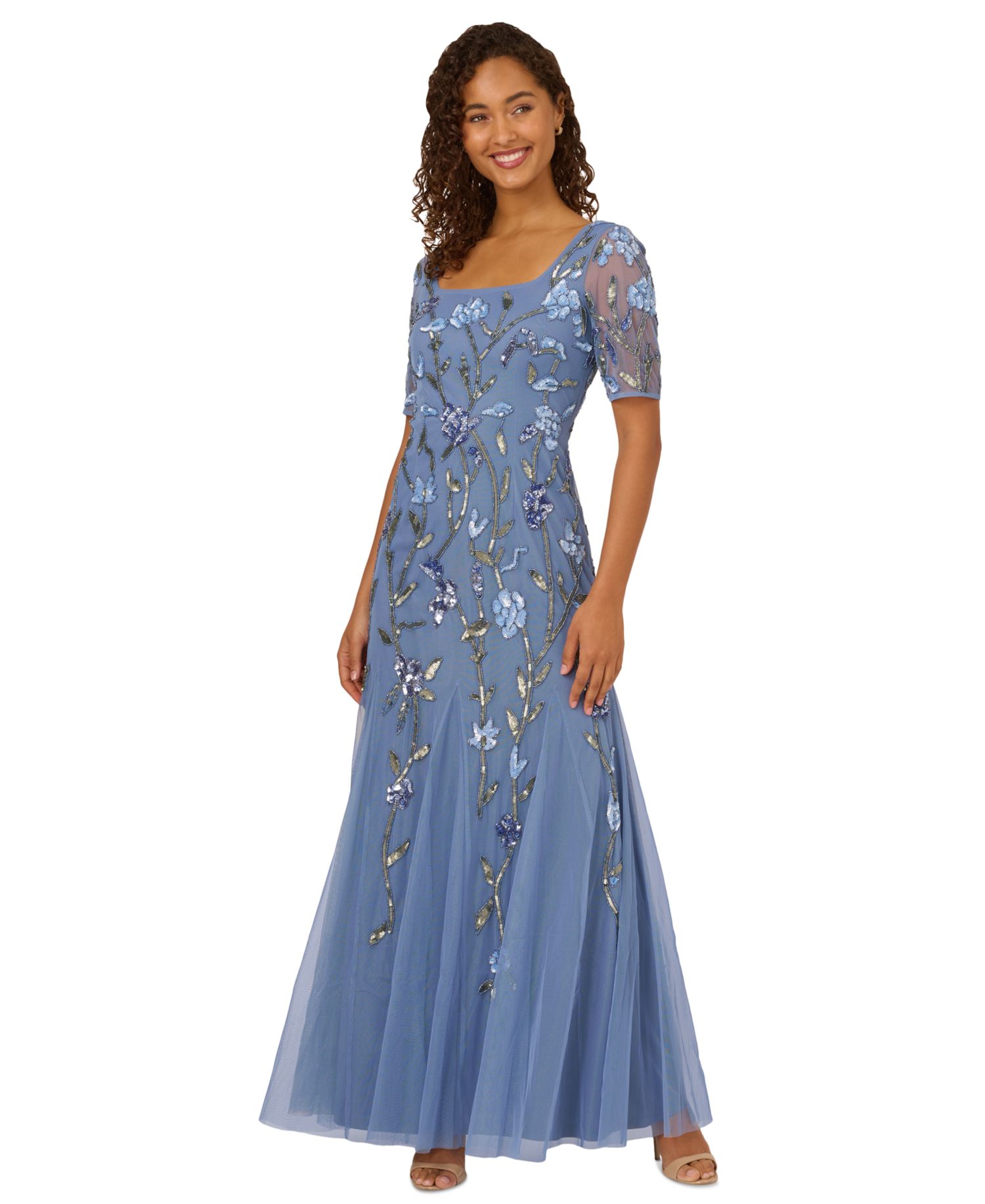 Women's Square-Neck Beaded Mesh Gown