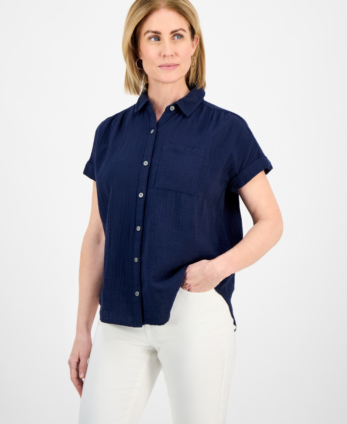 Women's Cotton Gauze Short-Sleeve Button Up Shirt, Created for Macy's - Bright White