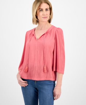 Style & Co - Petite Split-Neck Tassel Chambray Top