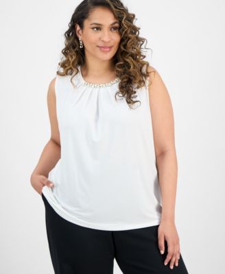 Kasper - Plus Size Sleeveless Jeweled Pleat-Neck Blouse