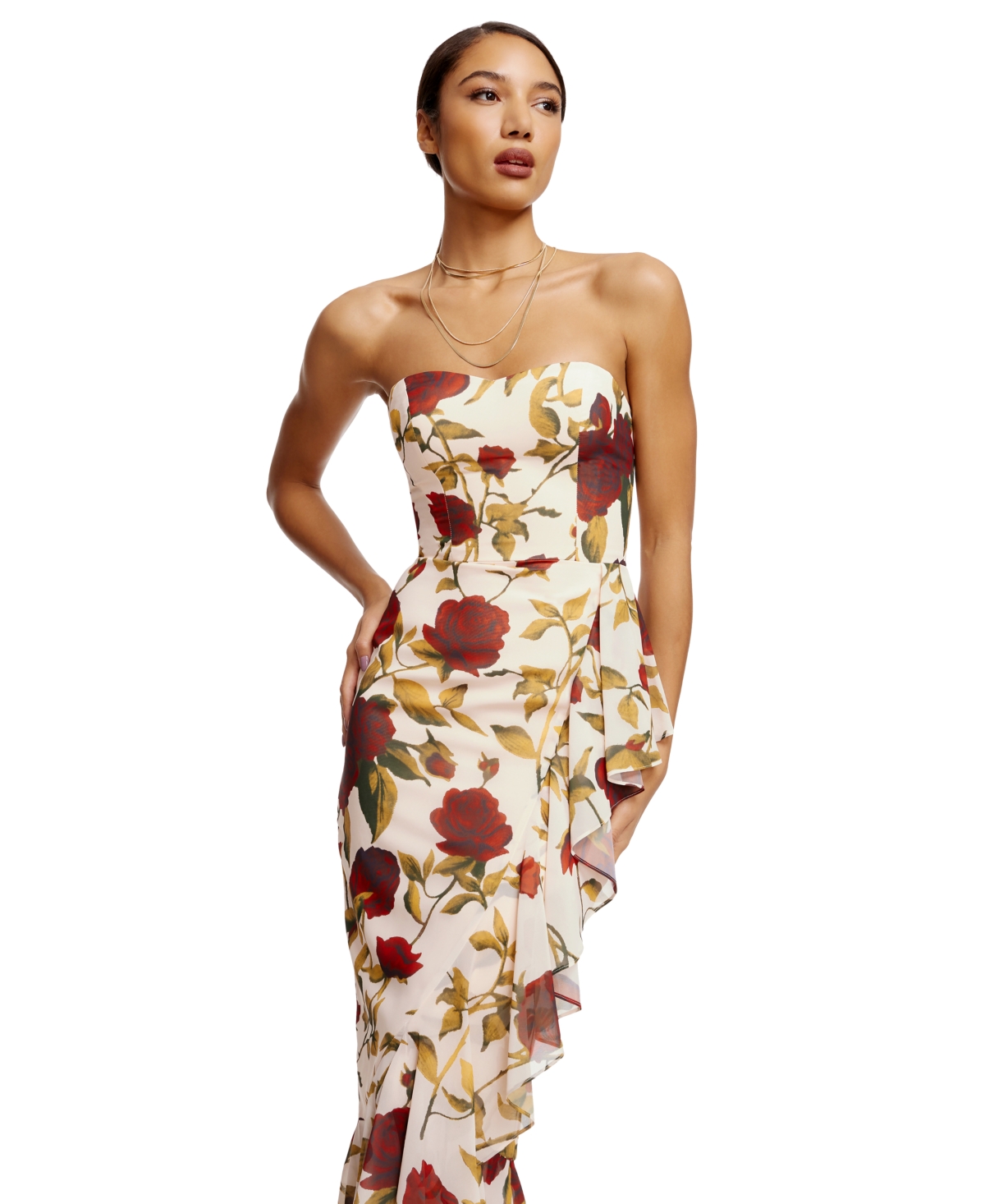 Dress The Population Paris Floral Ruffle Strapless Gown In Cream Multi