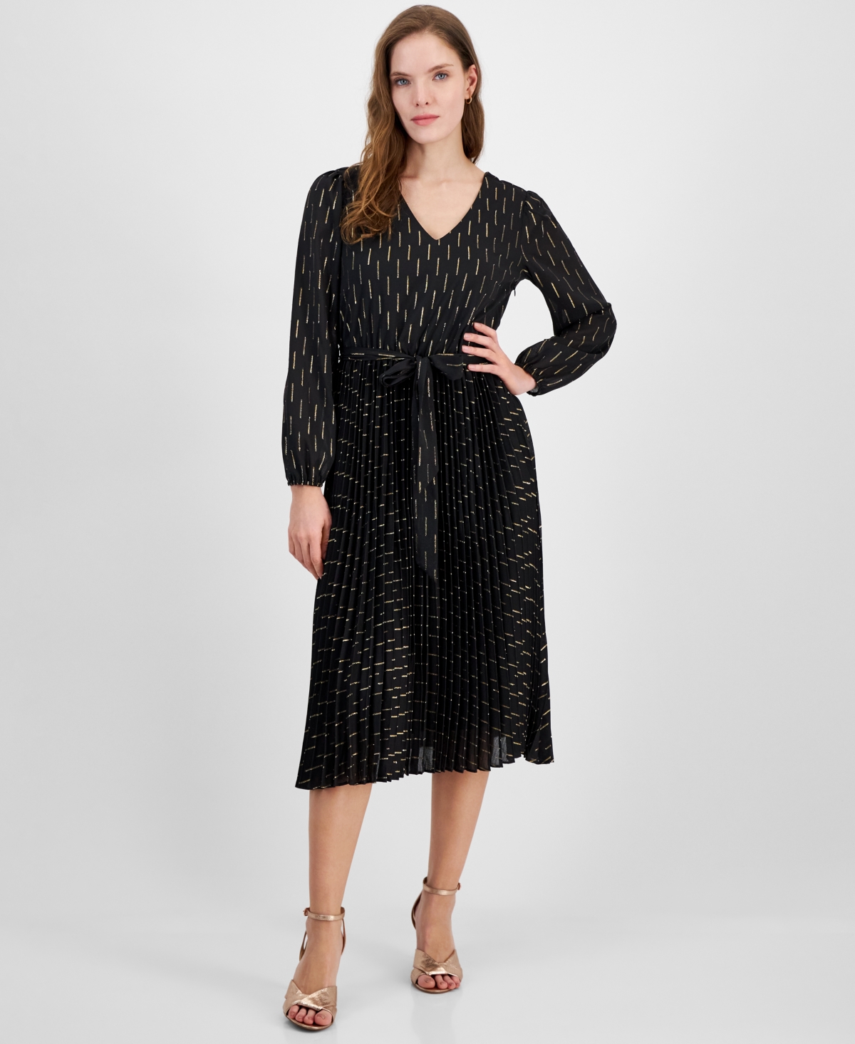 Women's Printed Tie-Waist Pleated Midi Dress - Blk And Silver