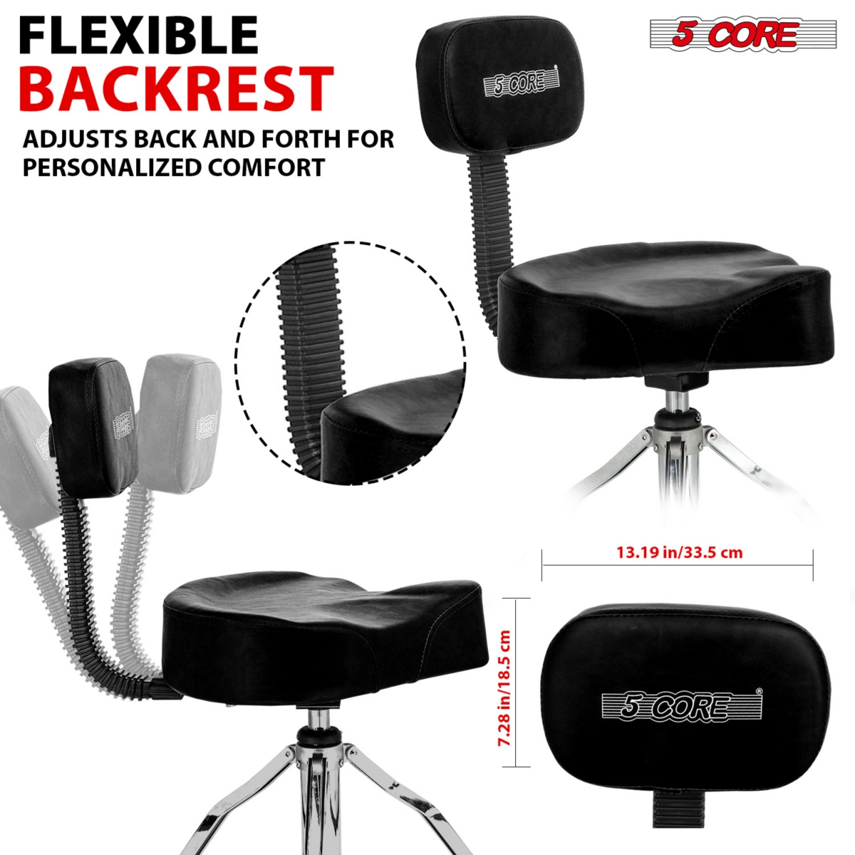 5 Core Drum Throne with Backrest  Height Adjustable Comfortable Guitar Stool Motorcycle Style Seat - Ds Ch Blk Rest