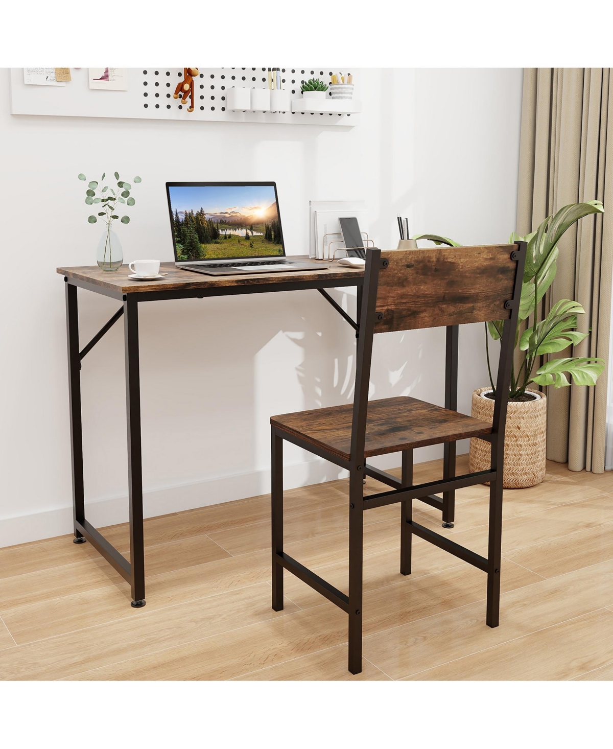 Gymax Set of 4 Dining Chairs w/Metal Legs Slanted Back Wide Seat for Living Room - Brown+black