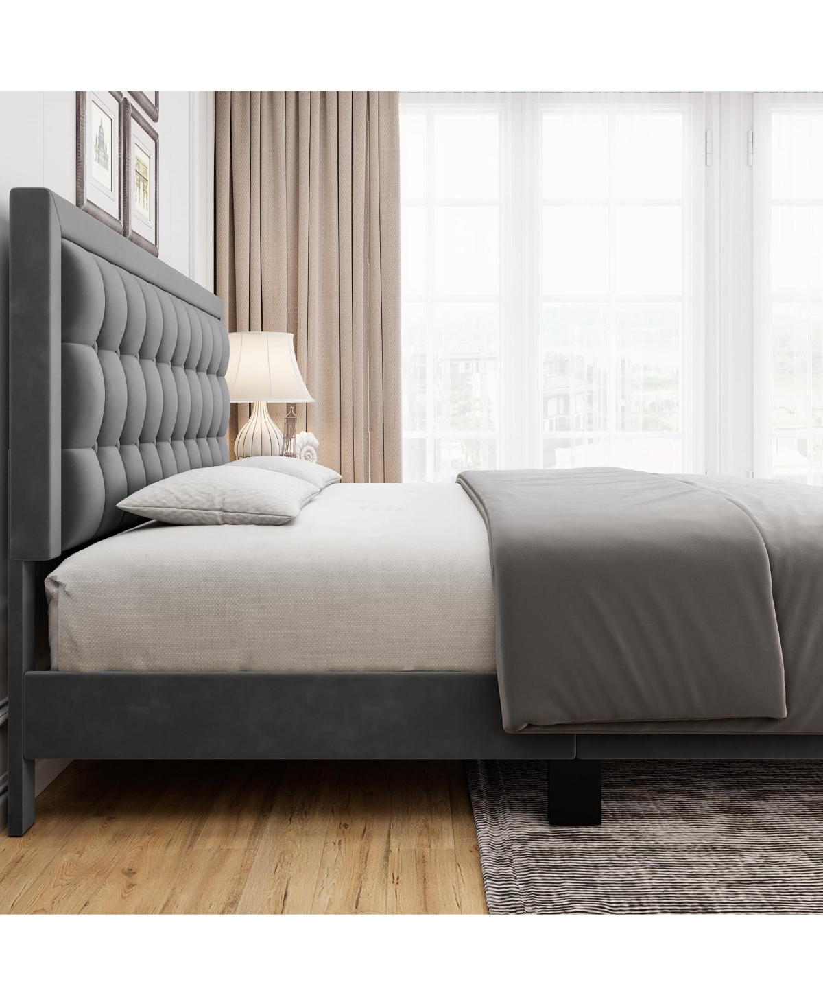 gaomon Platform Bed Frame with Upholstered Button Tufted Headboard, Metal Foundation with Wood Slats Support No Box Spring Needed for Bedroom - Dark g