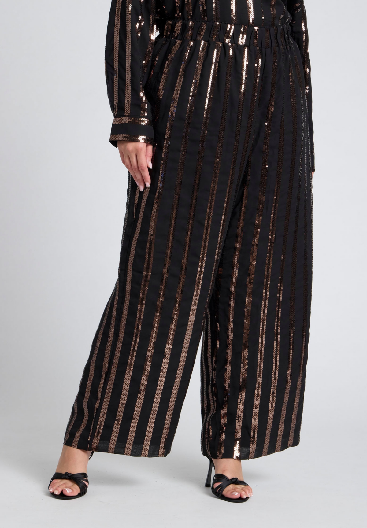 Eloquii Plus Size Relaxed Striped Sequin Pant - Black and bronze