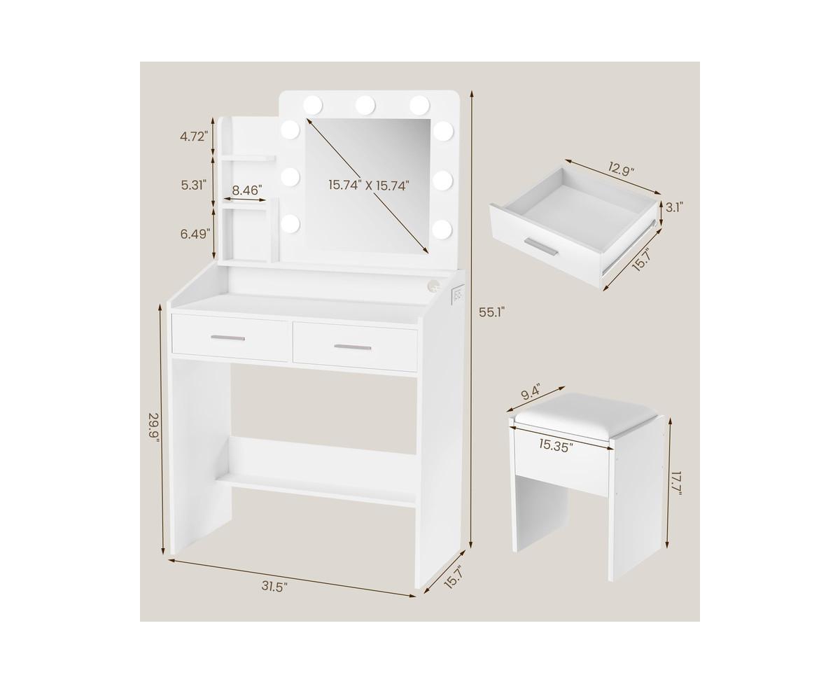 gaomon Vanity Desk with Mirror and Lights, Makeup Vanity with Power Outlet & Cushioned Stool, 3 Lighting Modes Adjustable Brightness, Dressing Table w