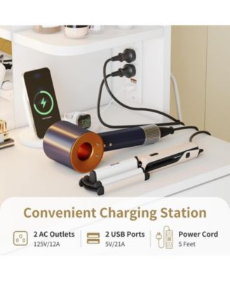 Vanity Desk with Mirror and Lights, Makeup Vanity Set w/Desk and Stool, Power Outlet, Makeup Vanity Desk with 6 Storage Shelves, 2 Large Drawers and 3 Color Adjustable Brightness