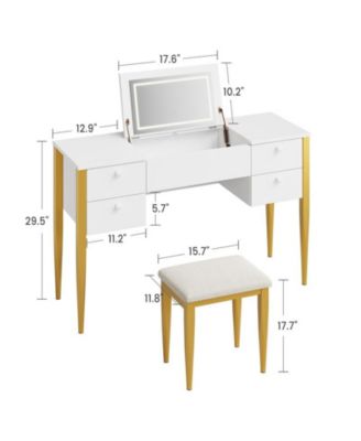 47" Makeup Vanity Desk with Flip Top Mirror and Lights, 3 Lighting Mode, 3 in 1 Vanity Table with 5 Drawers, Make Up Vanity Set with Chair for Bedroom