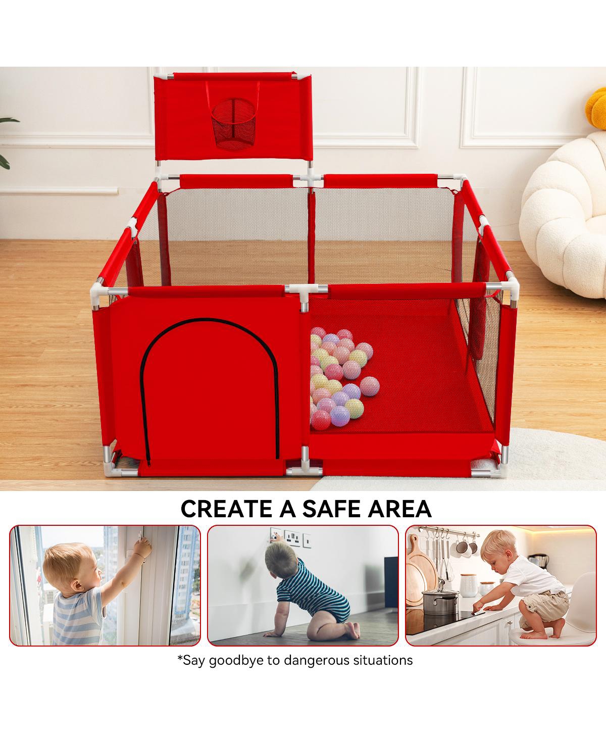 Comomy Baby Playpen Outdoor Indoor Play Yard 7 Panel Baby Safety Playpen for Infant Toddler with Basketball Hoop