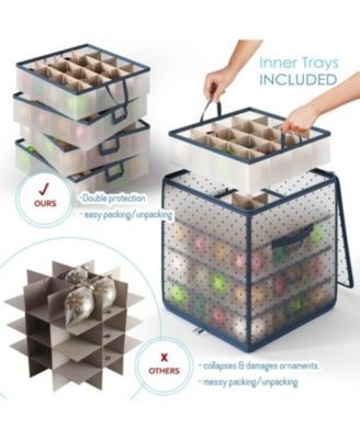 Christmas Ornament Storage Box With 4 Inner Tray Dividers - Plastic Ornament Storage Container For 64 Holiday Ornaments or Decorations