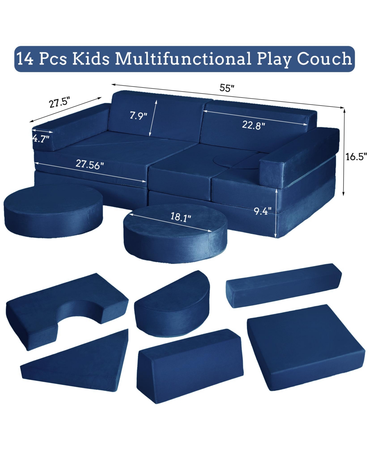 gaomon 14 Pcs Kids Play Couch Sofa, Modular Folding Playset, Convertible Foam Cushions for Playroom and Bedroom, for Boys and Girls