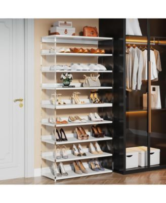 8-Tier Acrylic Shoe Rack, Modern Shoe Storage with Wood Shelves, 63" Shoe Organizer Display Shelf for 24-32 Pairs, Space-Saving, White & Transparent