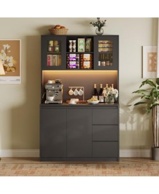 Kitchen Pantry Cabinet with Charging Station, Tall Storage Cabinet with Countertop and LED Lights, Pantry with Drawers and Glass Doors