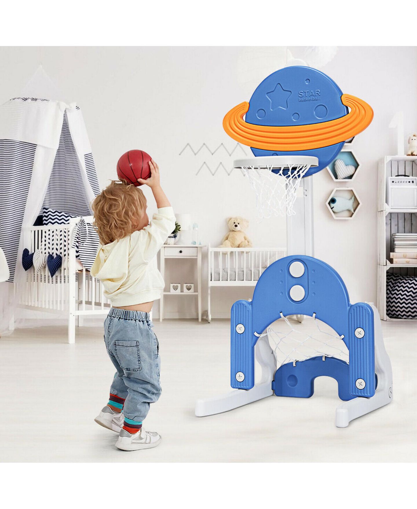 Детские игрушки Gymax 3-in-1 Kids Basketball Hoop Set Adjustable Sports Activity Center w/Balls, цвет: Белый — фото 4
